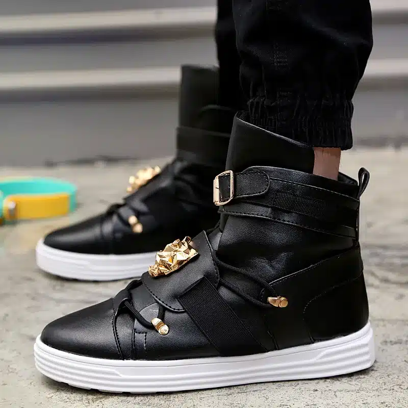 GZ Punk Rivet metal Hip Hop boots Men White Solid Dance Platform Flats Fashion buckle High Top Zapatillas Hombre #39 13