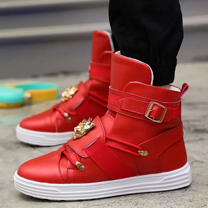 GZ Punk Rivet metal Hip Hop boots Men White Solid Dance Platform Flats Fashion buckle High Top Zapatillas Hombre #39 14