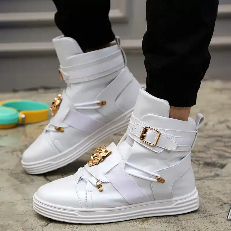 GZ Punk Rivet metal Hip Hop boots Men White Solid Dance Platform Flats Fashion buckle High Top Zapatillas Hombre #39 15