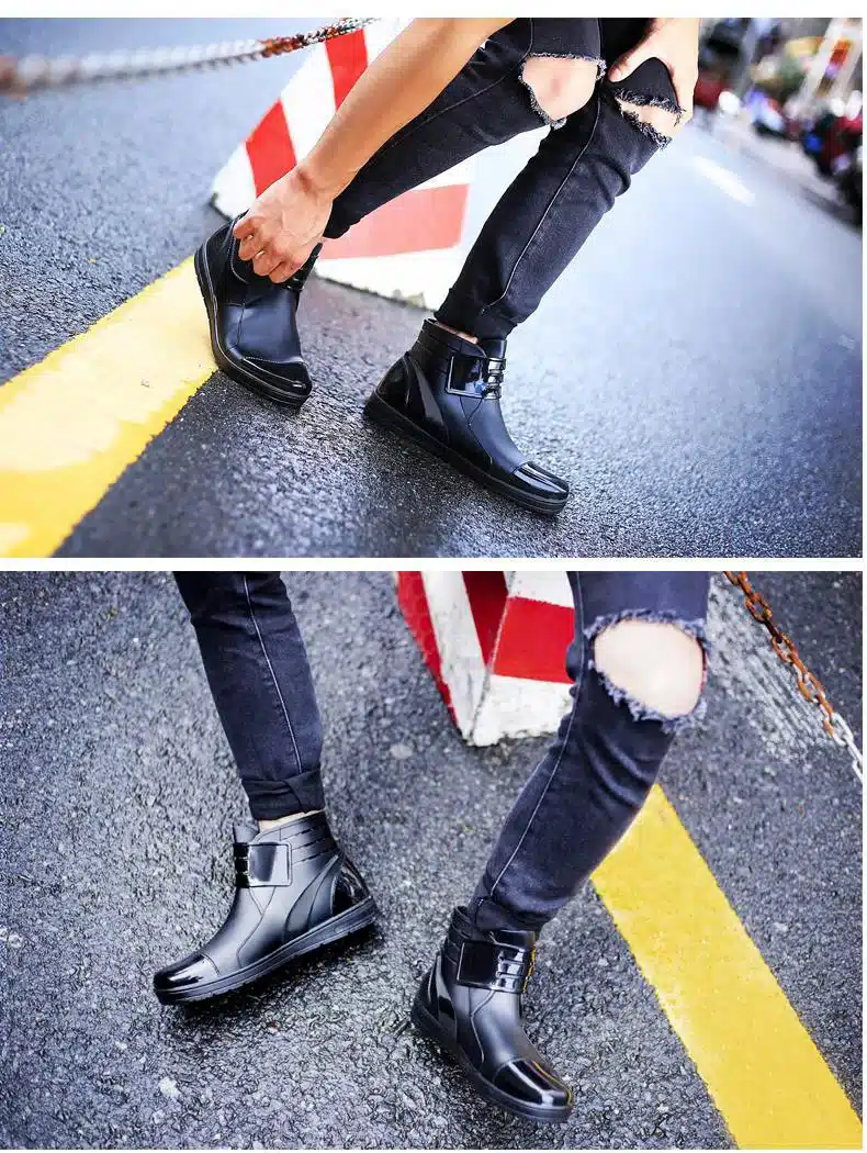 Dwayne 2018 Fashion PVC Waterproof RainBoots Waterproof Flat Shoes Men Black Rainboots Blue Rubber Ankle Boots Buckle Botas 4