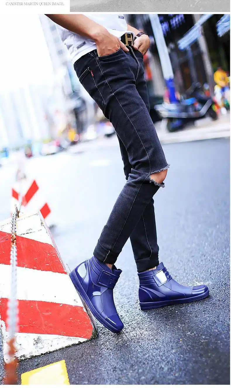 Dwayne 2018 Fashion PVC Waterproof RainBoots Waterproof Flat Shoes Men Black Rainboots Blue Rubber Ankle Boots Buckle Botas 5