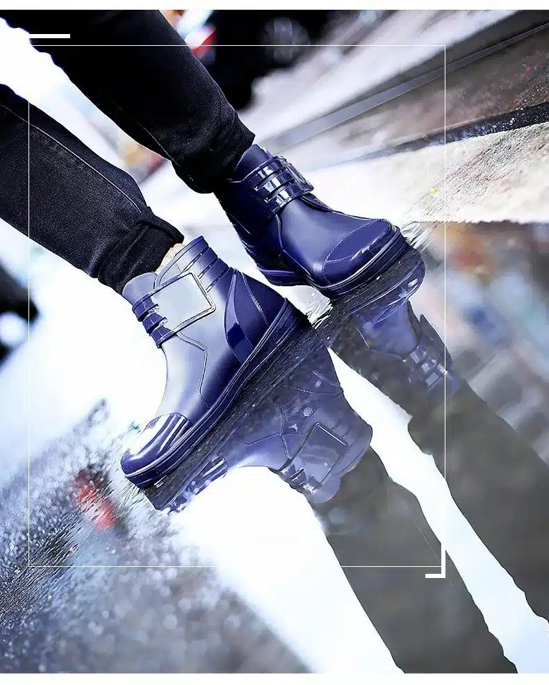 Dwayne 2018 Fashion PVC Waterproof RainBoots Waterproof Flat Shoes Men Black Rainboots Blue Rubber Ankle Boots Buckle Botas 6