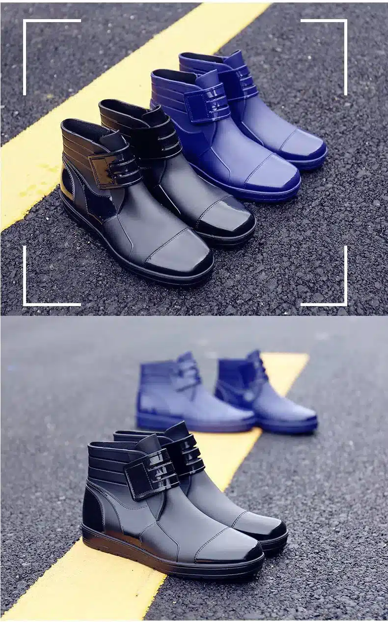 Dwayne 2018 Fashion PVC Waterproof RainBoots Waterproof Flat Shoes Men Black Rainboots Blue Rubber Ankle Boots Buckle Botas 7