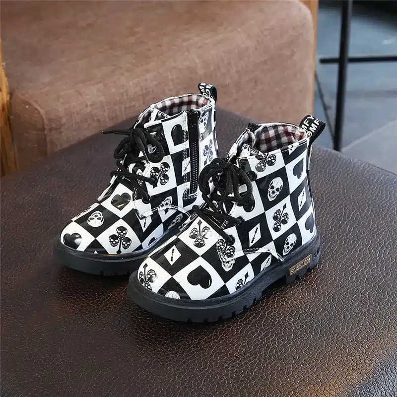 comfy kids snow black and white squares boots for boys girls fashion leather Lattice Waterproof Martin Rubber shoes kids boots 2