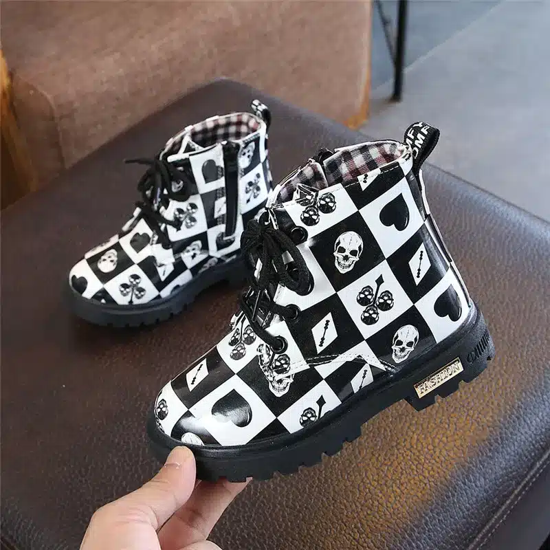 comfy kids snow black and white squares boots for boys girls fashion leather Lattice Waterproof Martin Rubber shoes kids boots 3