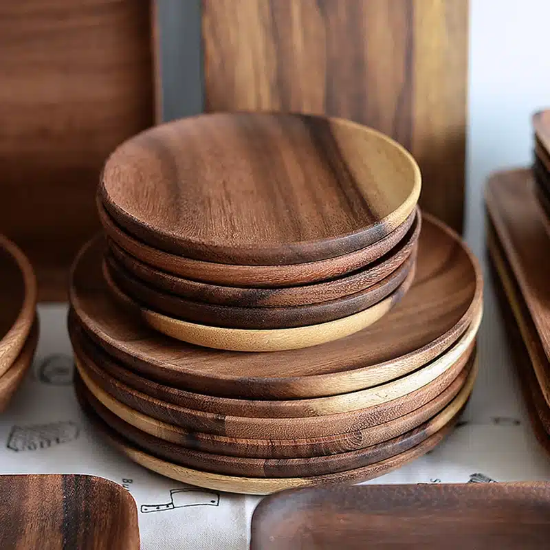 2Pcs Round Wooden Plates Small Wood Plate Set Cake Dessert Fruit Serving Tray Sushi Plate Wooden Kitchen Utensils Dinnerware Set 14