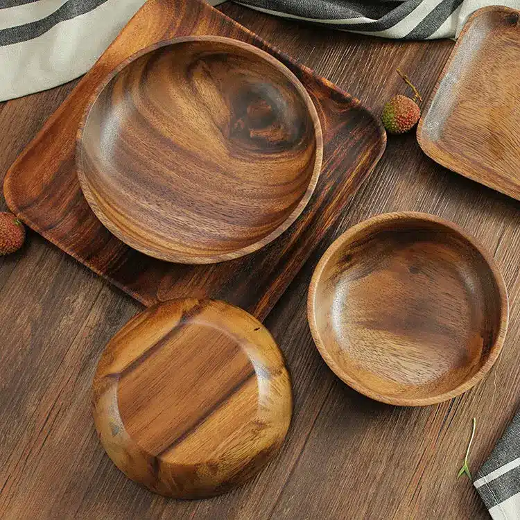 Large Round Wooden Salad Bowl Premium Acacia Wood Tableware Fruit Salad Pasta Serving Plate Food Bowl Kitchen Utensils Tableware 12
