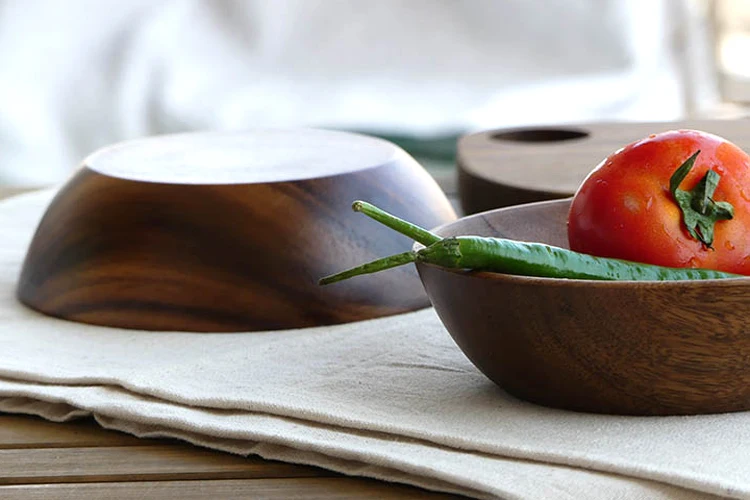Large Round Wooden Salad Bowl Premium Acacia Wood Tableware Fruit Salad Pasta Serving Plate Food Bowl Kitchen Utensils Tableware 14