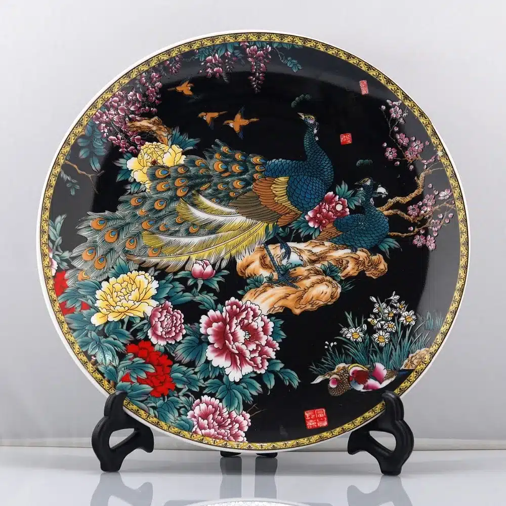 Exquisite Chinese Handwork Famille Rose Porcelain Plate ,Painted With Peacocks and Flowers 1