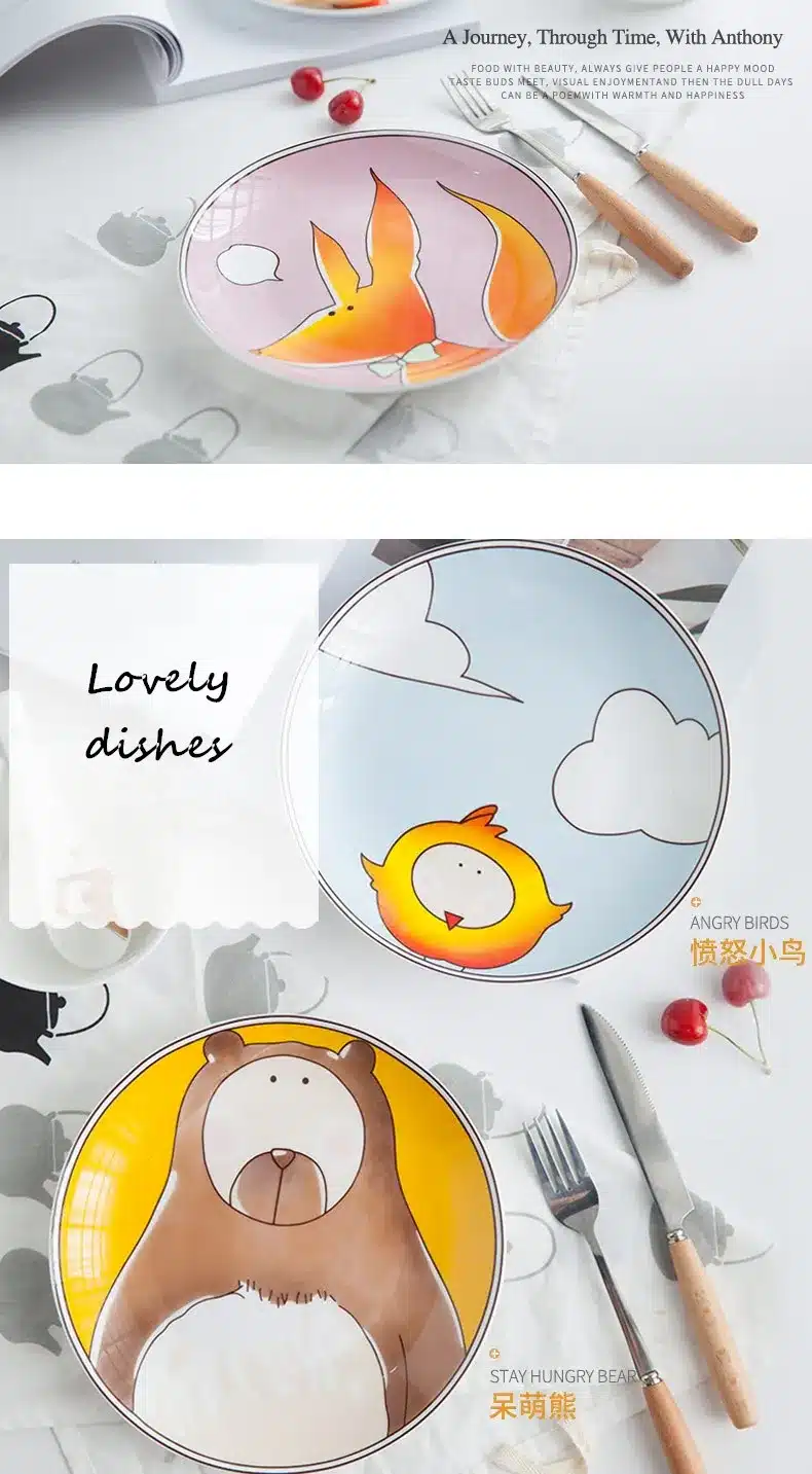 8 inch Bone Dinner Plate Round Porcelain Tableware Creative Children Dinner Breakfast Dessert Dish Small Animal Pattern 8