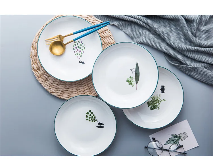 4Pcs/Set Pastoral Ceramic Dinner Plates Deep Plate Steak Dish Dessert Snack Dishs Porcelain Fish Plate Dinnerware Cake Plate 10