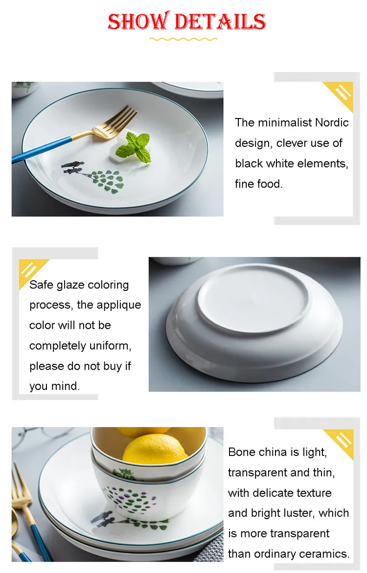 4Pcs/Set Pastoral Ceramic Dinner Plates Deep Plate Steak Dish Dessert Snack Dishs Porcelain Fish Plate Dinnerware Cake Plate 17