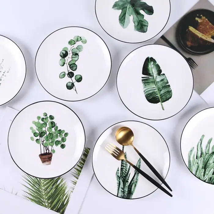 1 Pcs Lovely Hot Tropical Plant Green Leaves Round Dinner Plate for Dessert Fruit Lunch Hogard DC21 1