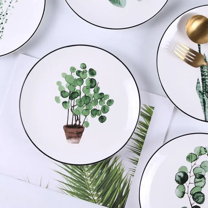 1 Pcs Lovely Hot Tropical Plant Green Leaves Round Dinner Plate for Dessert Fruit Lunch Hogard DC21 2