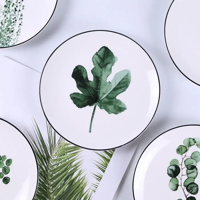 1 Pcs Lovely Hot Tropical Plant Green Leaves Round Dinner Plate for Dessert Fruit Lunch Hogard DC21 3