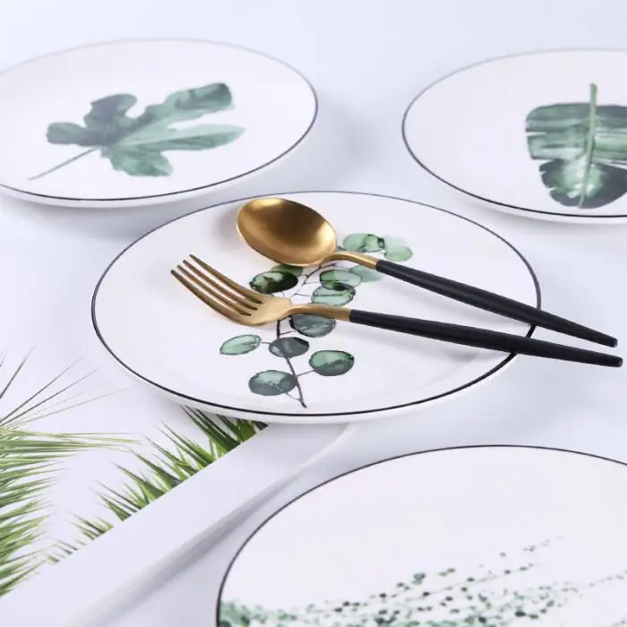 1 Pcs Lovely Hot Tropical Plant Green Leaves Round Dinner Plate for Dessert Fruit Lunch Hogard DC21 4