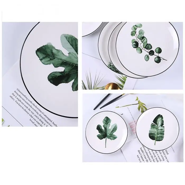 1 Pcs Lovely Hot Tropical Plant Green Leaves Round Dinner Plate for Dessert Fruit Lunch Hogard DC21 14