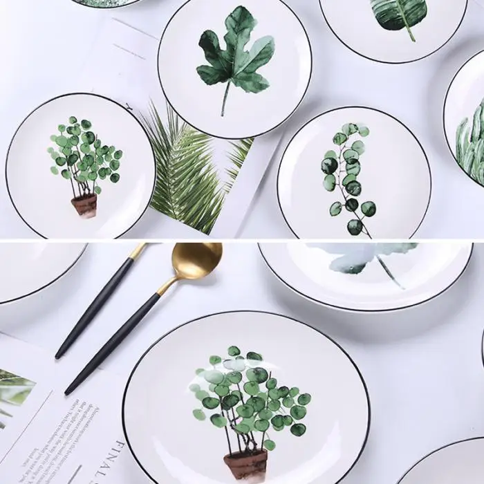 1 Pcs Lovely Hot Tropical Plant Green Leaves Round Dinner Plate for Dessert Fruit Lunch Hogard DC21 16