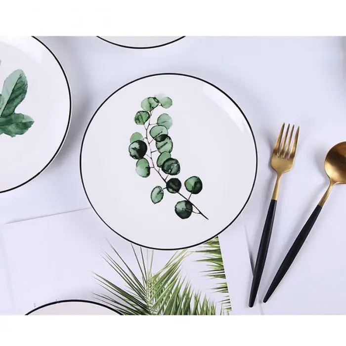 1 Pcs Lovely Hot Tropical Plant Green Leaves Round Dinner Plate for Dessert Fruit Lunch Hogard DC21 19