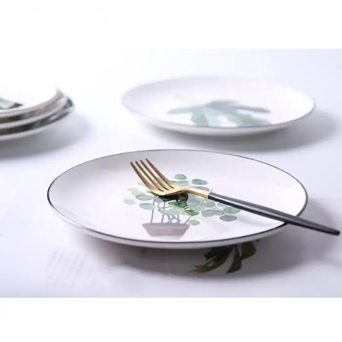 1 Pcs Lovely Hot Tropical Plant Green Leaves Round Dinner Plate for Dessert Fruit Lunch Hogard DC21 20