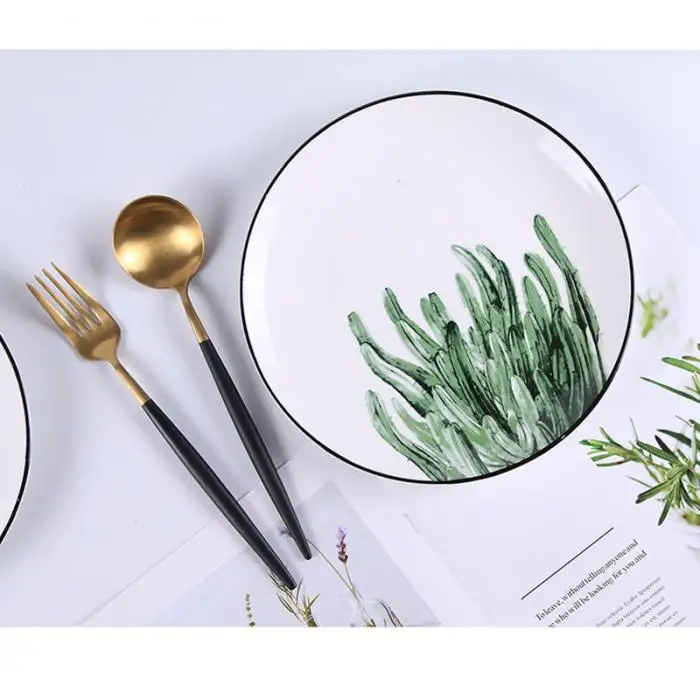 1 Pcs Lovely Hot Tropical Plant Green Leaves Round Dinner Plate for Dessert Fruit Lunch Hogard DC21 21