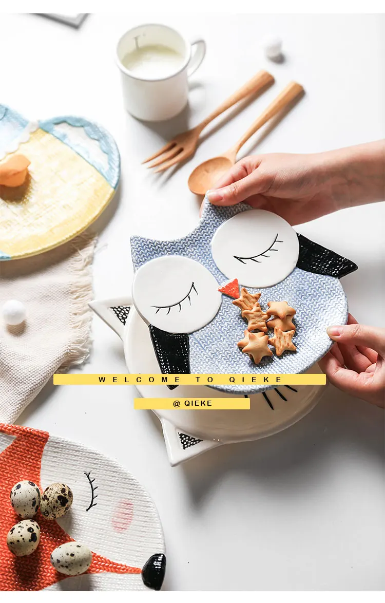 children dinner plates cute zoo cartoon eco-friendly handpainted 6 inch ceramic porcelain plate and dish owl fox cat child gifts 7