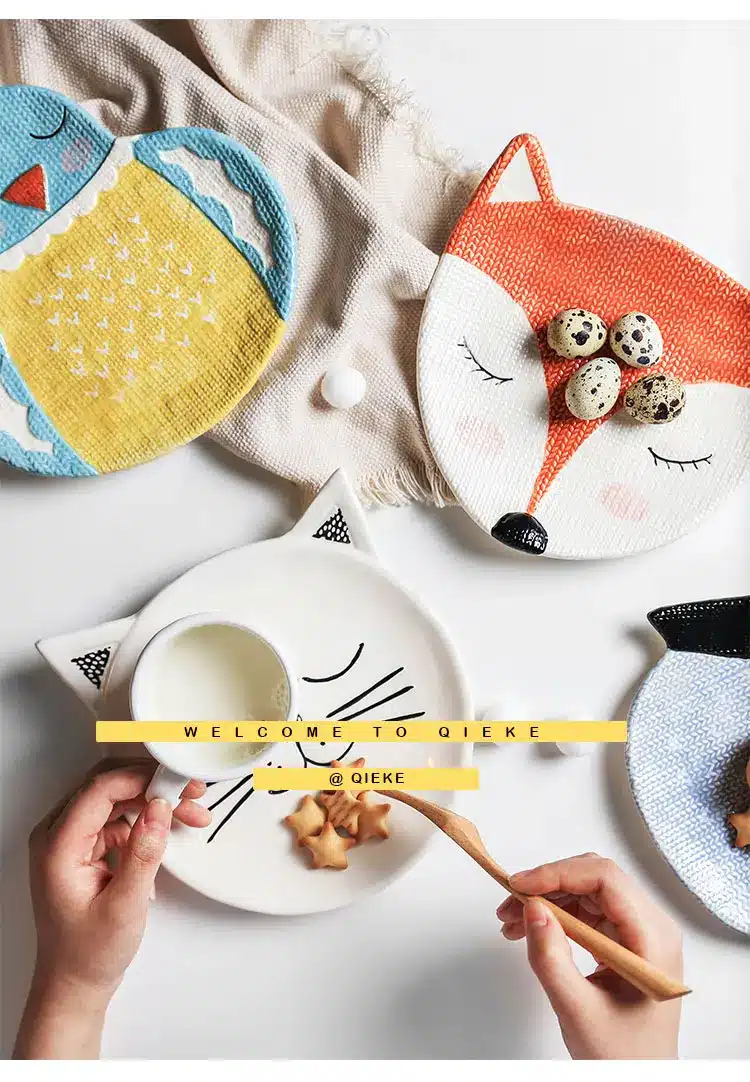children dinner plates cute zoo cartoon eco-friendly handpainted 6 inch ceramic porcelain plate and dish owl fox cat child gifts 10