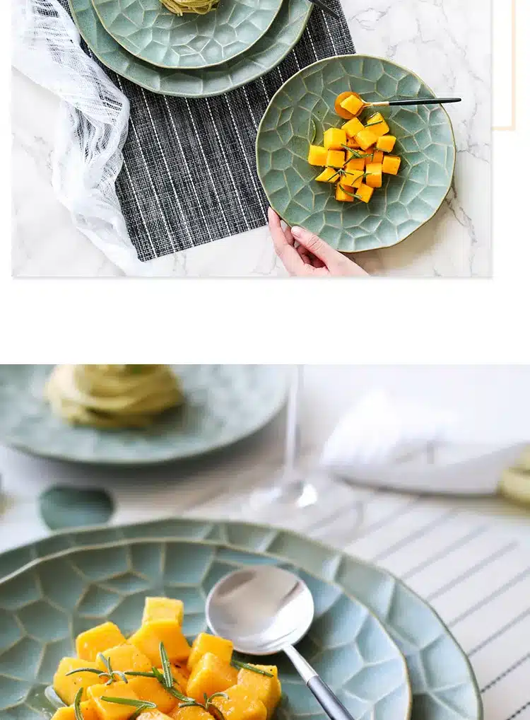 8 inch ceramic dinner plates green gold plaid tableware round 10inch steak dishes creative dishes and plates food container 4