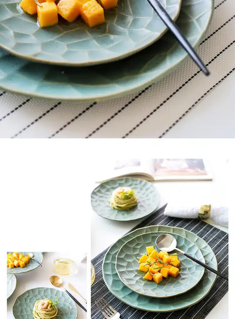 8 inch ceramic dinner plates green gold plaid tableware round 10inch steak dishes creative dishes and plates food container 5