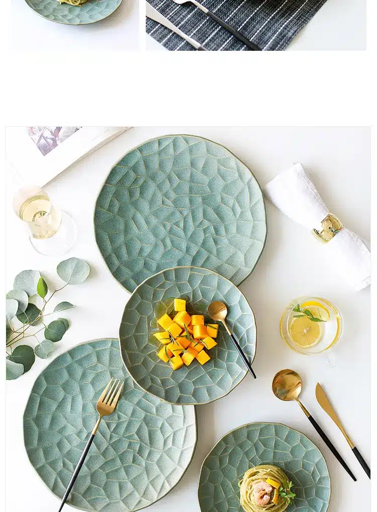8 inch ceramic dinner plates green gold plaid tableware round 10inch steak dishes creative dishes and plates food container 6