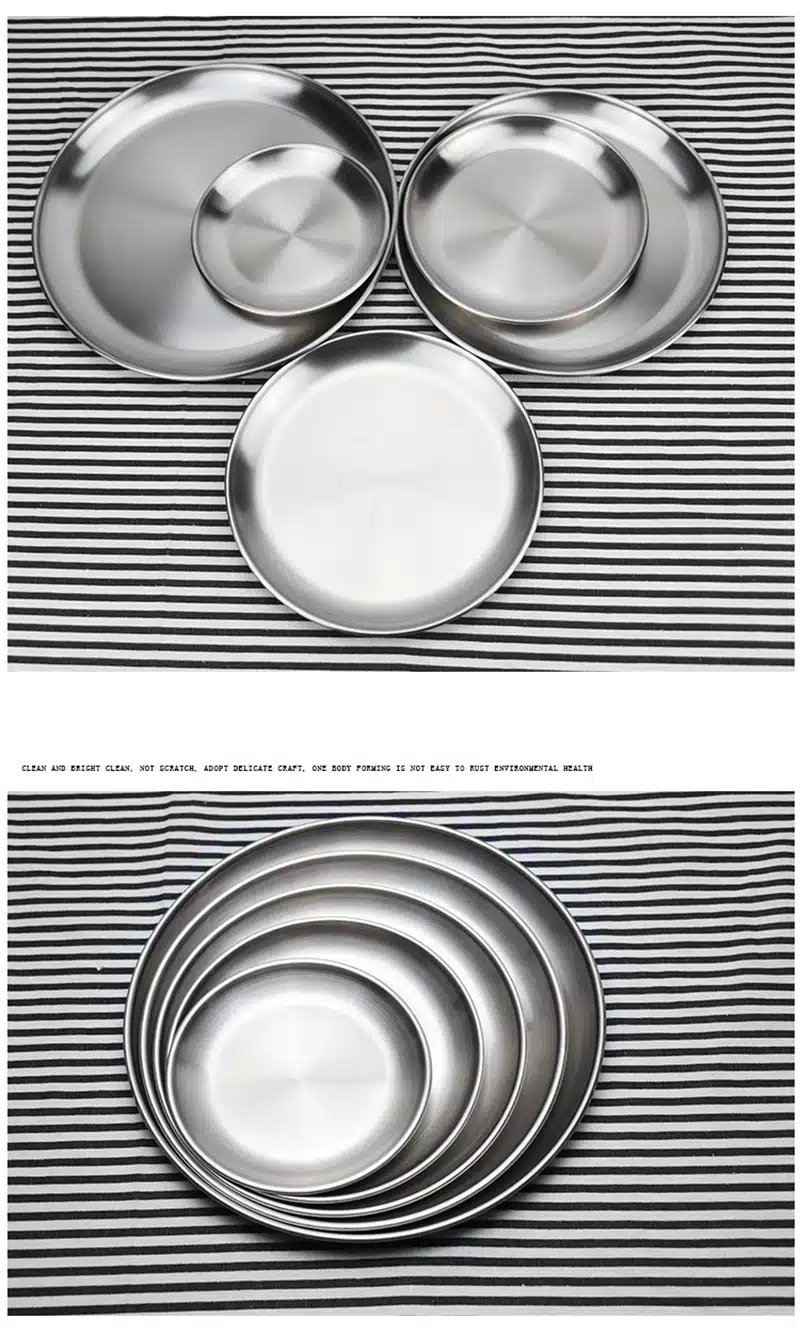 1pcs Korean Stainless steel Round Dinner Plates Serving Tray Christmas Dish Plate Fruit Dinner Plates Portable Dinnerware set 17