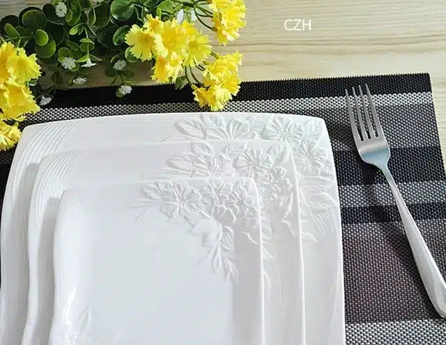 Flower Stamped Ceramics Flat Dinner Plate Set Decorative Porcelain Serving Dish Dinnerware for Beef Steak, Salad and Spaghetti 9