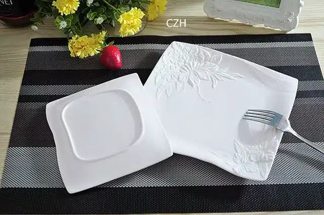 Flower Stamped Ceramics Flat Dinner Plate Set Decorative Porcelain Serving Dish Dinnerware for Beef Steak, Salad and Spaghetti 11