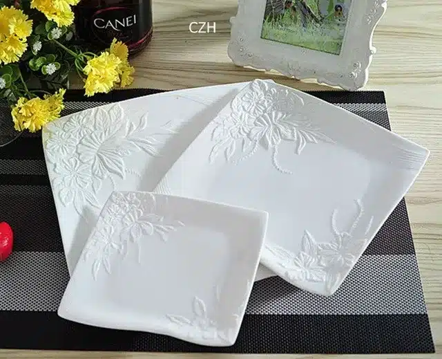 Flower Stamped Ceramics Flat Dinner Plate Set Decorative Porcelain Serving Dish Dinnerware for Beef Steak, Salad and Spaghetti 12