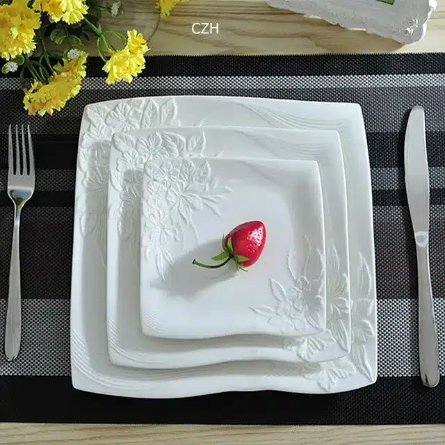 Flower Stamped Ceramics Flat Dinner Plate Set Decorative Porcelain Serving Dish Dinnerware for Beef Steak, Salad and Spaghetti 14