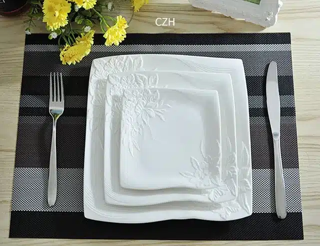 Flower Stamped Ceramics Flat Dinner Plate Set Decorative Porcelain Serving Dish Dinnerware for Beef Steak, Salad and Spaghetti 15
