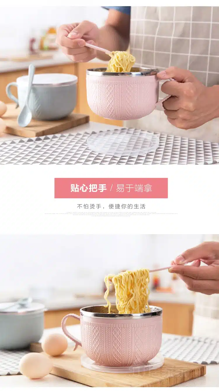 Large stainless steel bowl of instant noodles to eat rice bowl with lid, household utensils soup bowl rice bowl 21