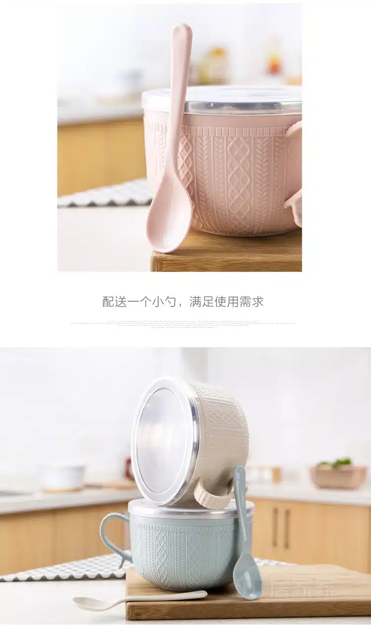 Large stainless steel bowl of instant noodles to eat rice bowl with lid, household utensils soup bowl rice bowl 23
