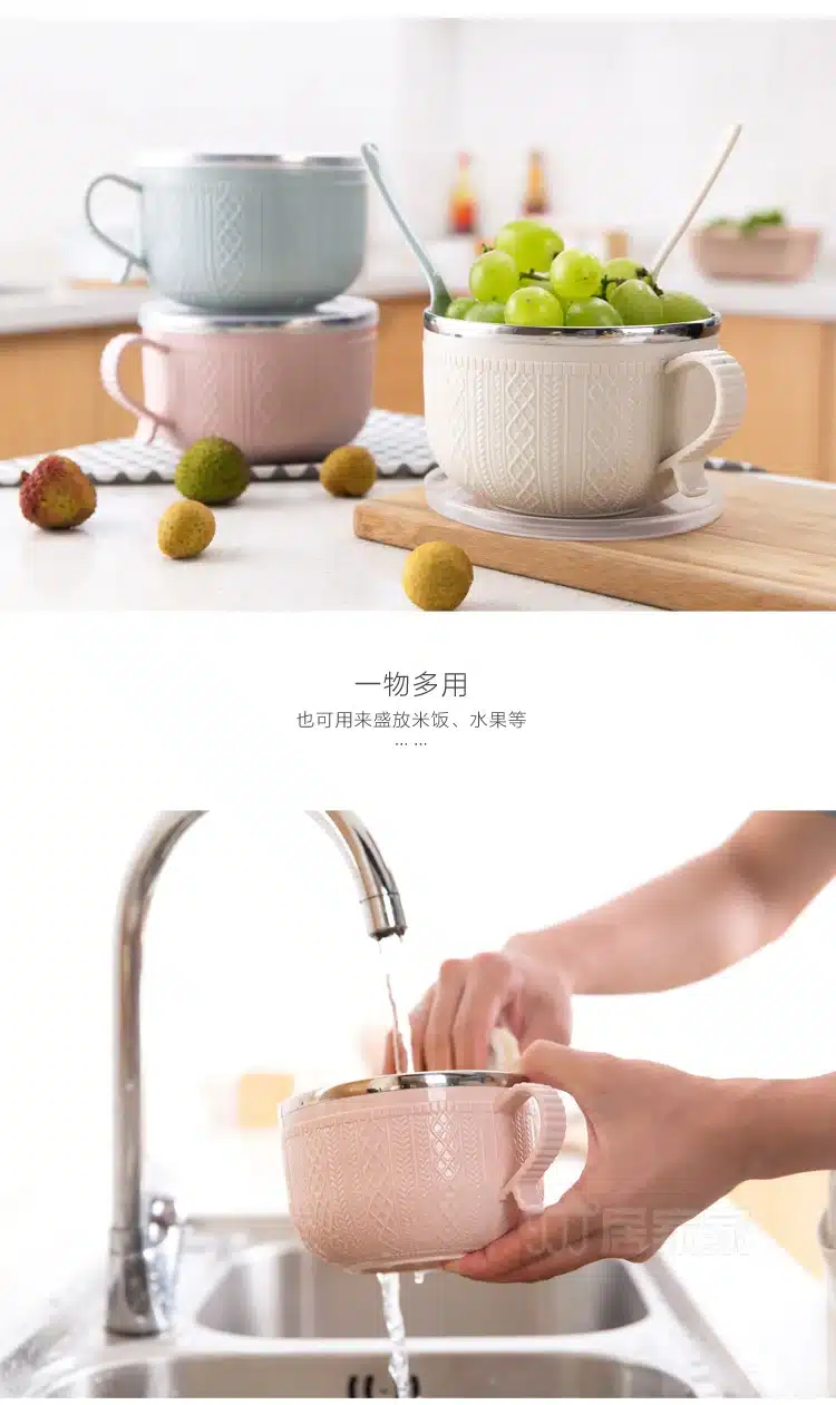 Large stainless steel bowl of instant noodles to eat rice bowl with lid, household utensils soup bowl rice bowl 24