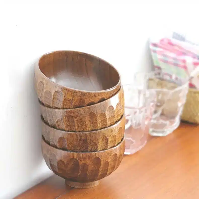 Japanese Style Big Rice Soup Bowl Rhombus Pattern Food Container Non-Toxic Healthy Material 100% Natural Wood Tableware Tray 13