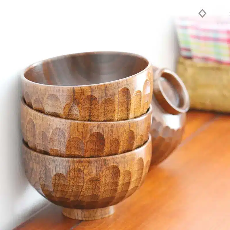 Japanese Style Big Rice Soup Bowl Rhombus Pattern Food Container Non-Toxic Healthy Material 100% Natural Wood Tableware Tray 15