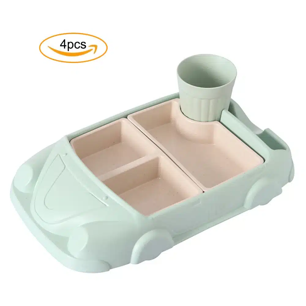 4 Pcs Cartoon Car-Shaped Bamboo Fiber Eco-Friendly Dinner Plate Cutlery Meal Set for Kids Toddlers Plate Bowl 2