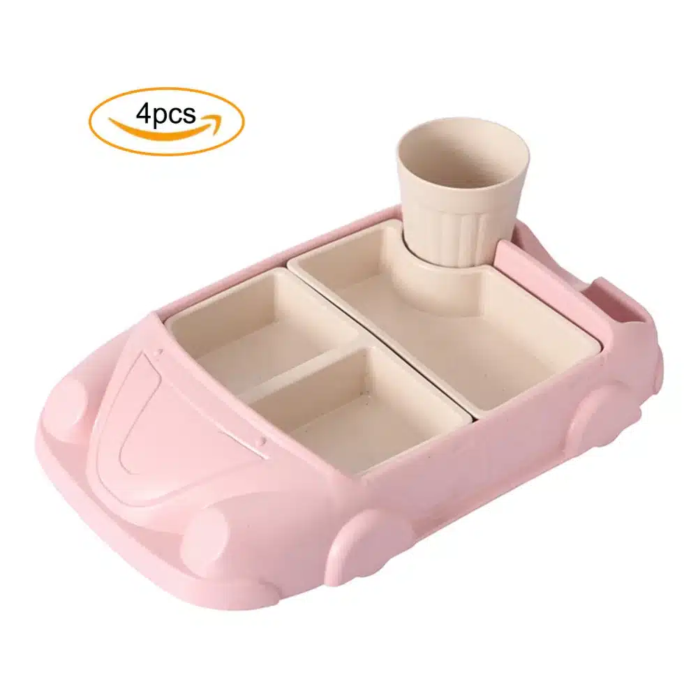 4 Pcs Cartoon Car-Shaped Bamboo Fiber Eco-Friendly Dinner Plate Cutlery Meal Set for Kids Toddlers Plate Bowl 3
