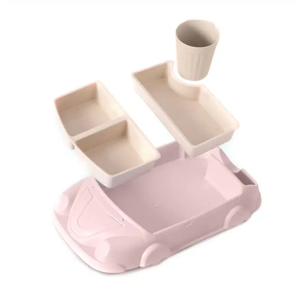 4 Pcs Cartoon Car-Shaped Bamboo Fiber Eco-Friendly Dinner Plate Cutlery Meal Set for Kids Toddlers Plate Bowl 4