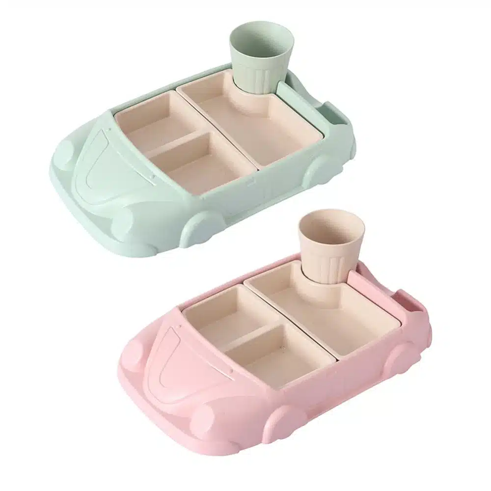 4 Pcs Cartoon Car-Shaped Bamboo Fiber Eco-Friendly Dinner Plate Cutlery Meal Set for Kids Toddlers Plate Bowl 6