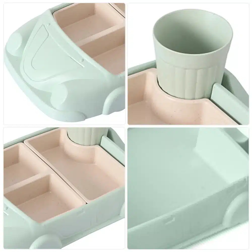 4 Pcs Cartoon Car-Shaped Bamboo Fiber Eco-Friendly Dinner Plate Cutlery Meal Set for Kids Toddlers Plate Bowl 7
