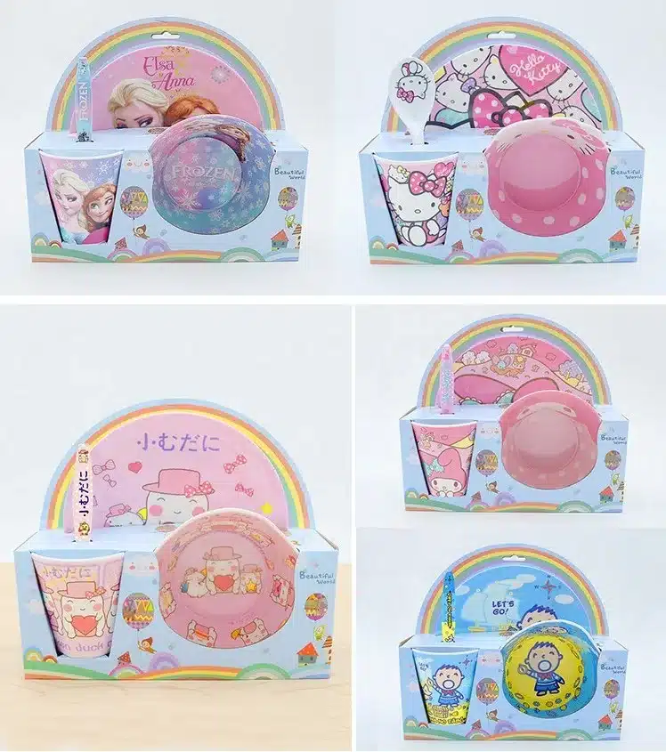 Kitchen 4 pcs / lovely animals dinner set set into the baby 100% Melamine children cutlery set plate glass spoon fork bow 2