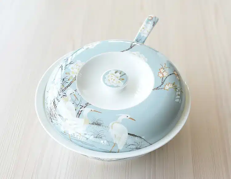 Boutique European Hand Painted White Crane Bone Dishes Tableware Rice Bowl with Lid Soup Basin Large Noodles Big Food Dish 6