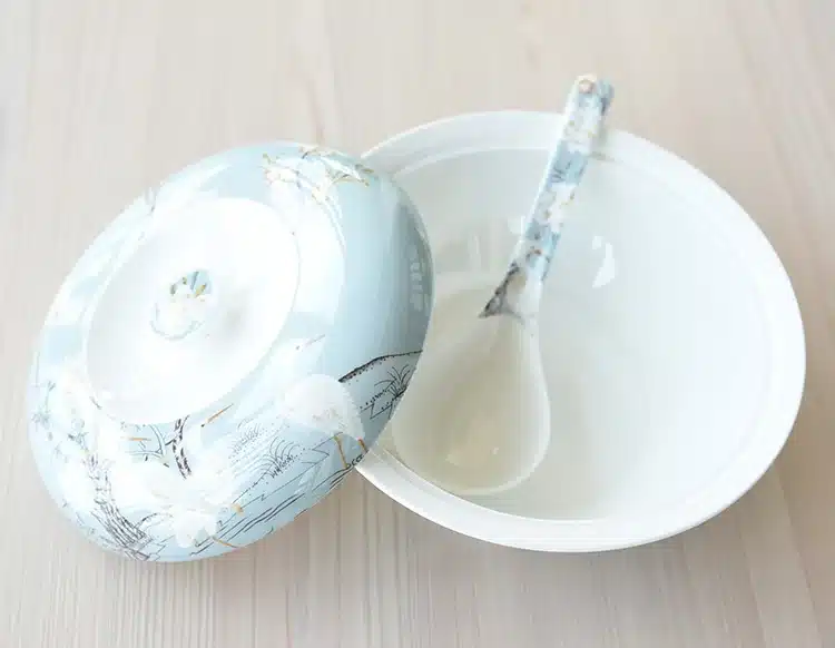 Boutique European Hand Painted White Crane Bone Dishes Tableware Rice Bowl with Lid Soup Basin Large Noodles Big Food Dish 7
