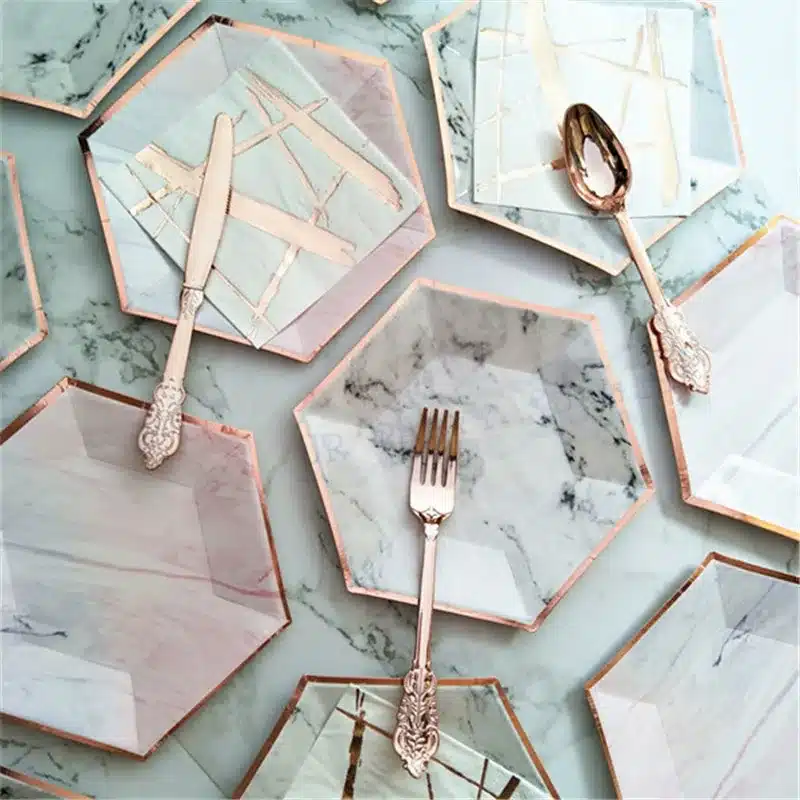 64pcs Paper Plates Party Supplies for Appetizer Lunch Dinner and Dessert Kids Birthday Party Favors Rose Gold Foil Pink Marble 5